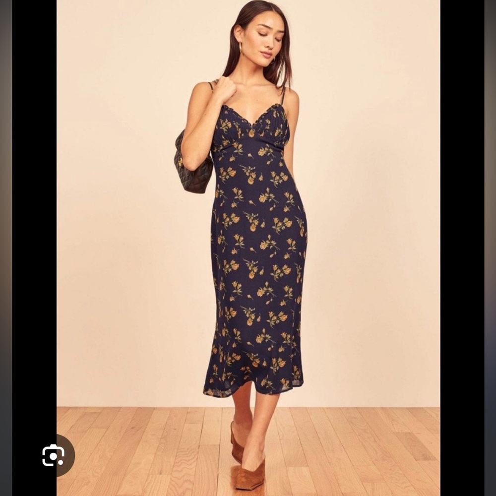Reformation Navy Floral Midi Dress with Yellow Floral Print